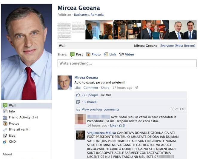 Mesajul de pe pagina lui Mircea Geoana, Foto: Captura Facebook.com