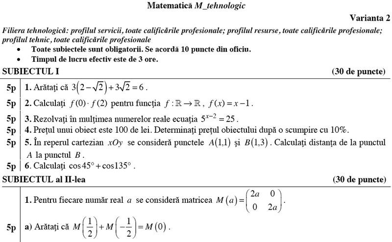 Subiecte Matematica Tehnologic 2013, Foto: edu.ro