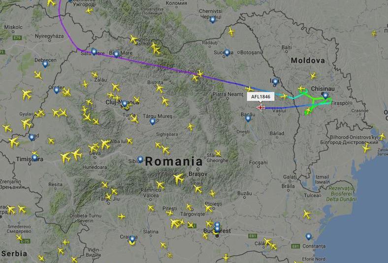 Traseul aeronavei lui Rogozin care nu poate ateriza la Chisinau, Foto: flightradar24.com